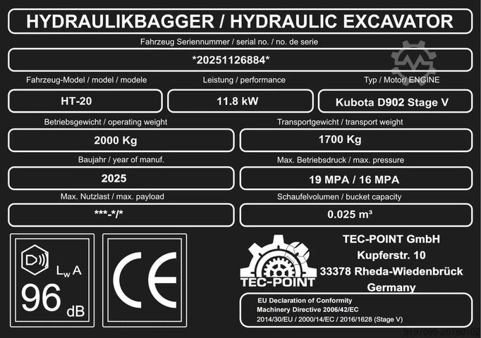 Mini excavator 2.0 t class Tec - Point GmbH - Motor Kubota D902 HT20P - Heizung + Klima - Vollkabine