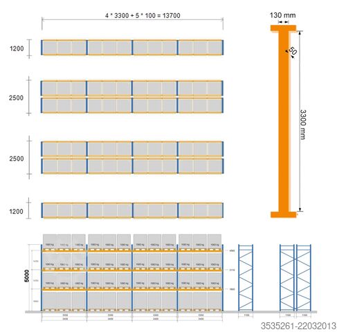 Pallereol 6x13,7m, 5m, 30 Rahmen, McPalettenregal 144 Traversen  3300 Feldbr. TOTAL-REGAL