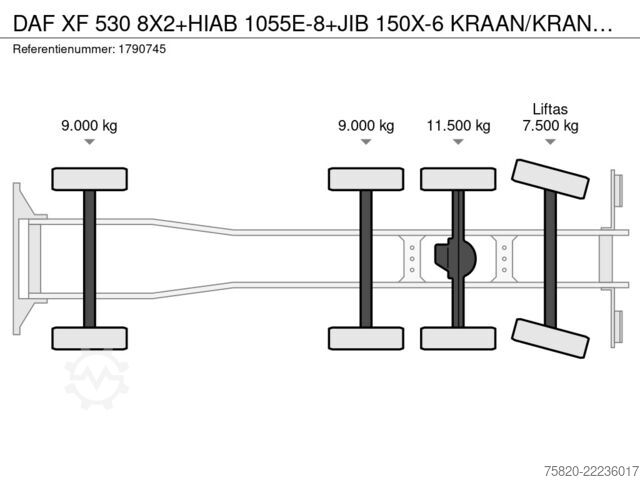 Jeřábové vozidlo DAF XF 530 8X2+HIAB 1055E-8+JIB 150X-6 KRAAN/KRAN/C...