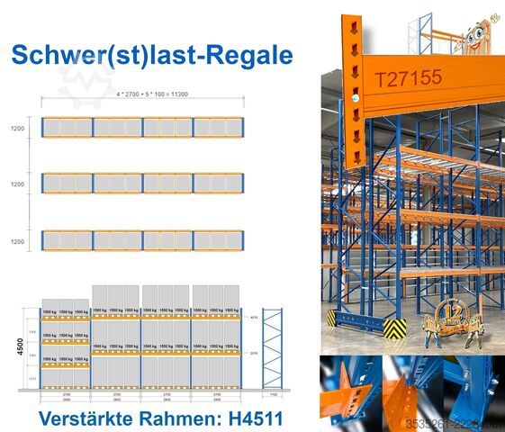 Raft pentru paleți 3 x 11 m Schwerlastregal, 4,5 m hoch 15 Rahmen, 54 Traversen 4,5 t / Ebene