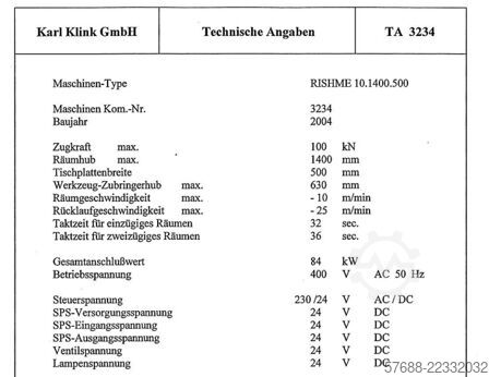 Máquina brochadora - interior Karl Klink RISME 10.1400.500