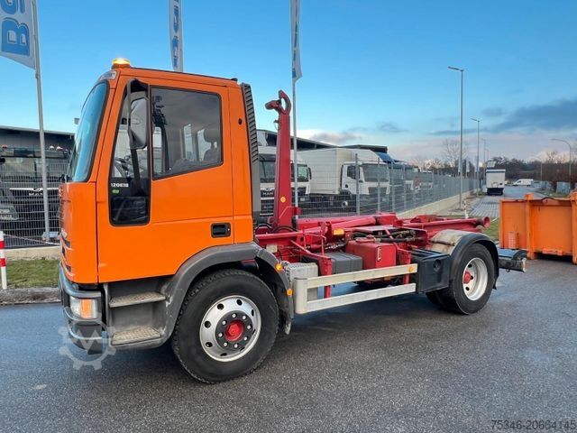 Kampós konténerszállító teherautó IVECO ML 120E18 Abrollkipper/Kran-Mulde/Funk/Seilwinde