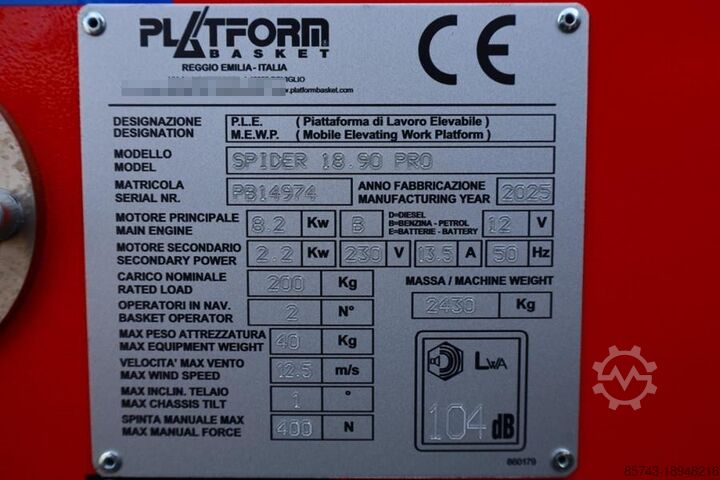Scharnierende telescopische hoogwerker Platform Basket Spider 18.90 PRO CE Declaration, Valid inspection,