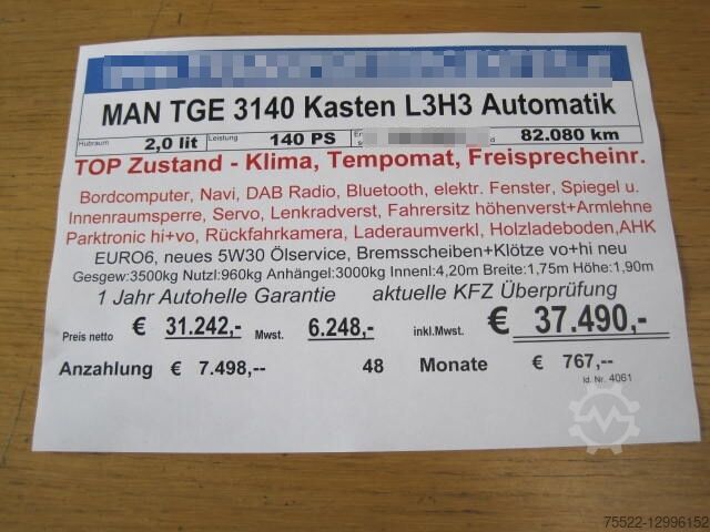 Verhoogde bestelwagen MAN TGE 3.140 Kasten 2,0 TDI L3H3 Automatik - Klima, Tempomat, Navi, Rückfahrkamera