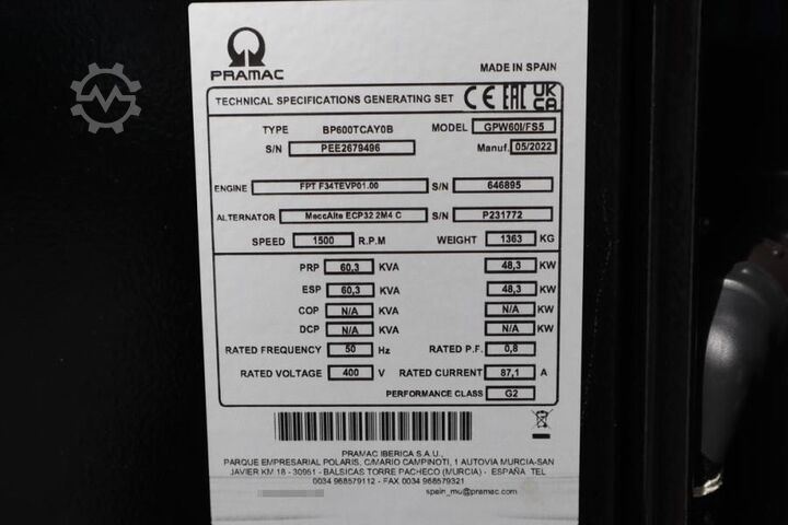 Generator set Pramac GPW60I/FS5 Valid inspection, *Guarantee! Diesel, 6