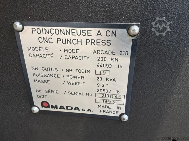 1993 Amada Arcade 210 CNC διάτρητική και αποκοπτική μηχανή, γενικά ανακατασκευασμένη Amada Arcade 210 CNC