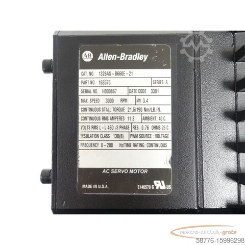 Allen Bradley motor Allen-Bradley 1326AS-B660E-21 Servomotor SN:H000867 generalüberholt mit 12 Monaten Gewährleistung