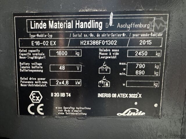 E 16 - 386 / 02 Evo * Atex EX * Proplan 2G / Z1 * NEUE Batterie!! LINDE E 16 - 386 / 02 Evo * Atex EX * Proplan 2G / Z1 * NEW battery !!