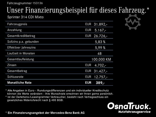 Furgone MERCEDES-BENZ Sprinter 314 CDI Mixto Klima,Standheizung,Kamera