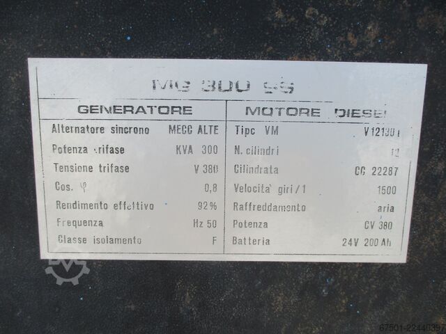 Dízel aggregátor generátor MECC ALTE / VM V 12   300 KVA Notstromaggregat, (3519)