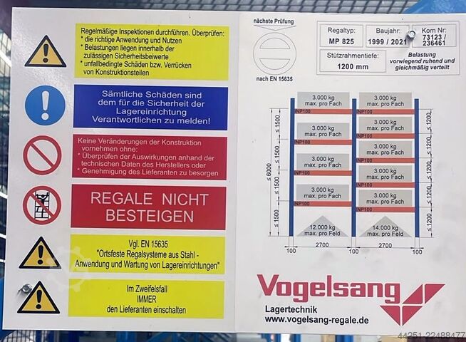 Regał paletowy 22 m, wysokość 6,20 m, 4 poziomy Vogelsang MP 825 + INP 100