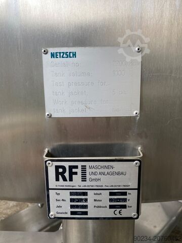 1,000 Litre Stainless Steel Vertical Jacketed Mixing Vessel. NETZSCH 1000 Litre