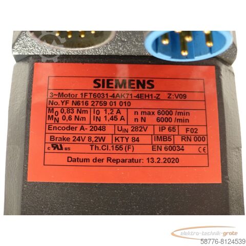 Moteur Siemens Siemens 1FT6031-4AK71-4EH1 - Z SN:YFN616275901010 generalüberholt mit 12 Monaten Gewährleistung!