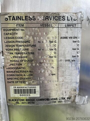 1,370 Litre Stainless Services Ltd 316L Stainless Steel Vertical Storage Tank, STAINLESS SERVICES LTD. 1,370 Litre