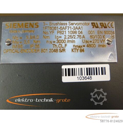 Siemens motor Siemens 1FT6061-6AF71-3AA1 Servomotor - mit 12 Monaten Gewährleistung! -