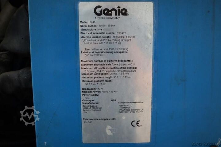 Telescopic boom lift Genie S45 Valid inspection, Diesel, 4x4 Drive, 15.72 m W