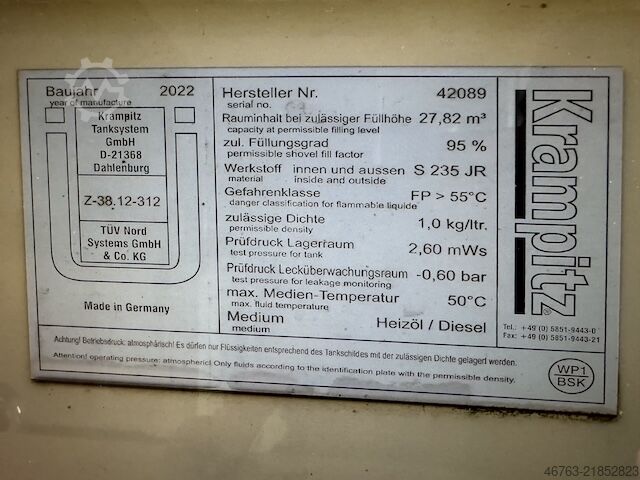 Fyringsolietank, 27.000 liter til fyringsolie/diesel Kampitz Typ: Z 38 12-312
