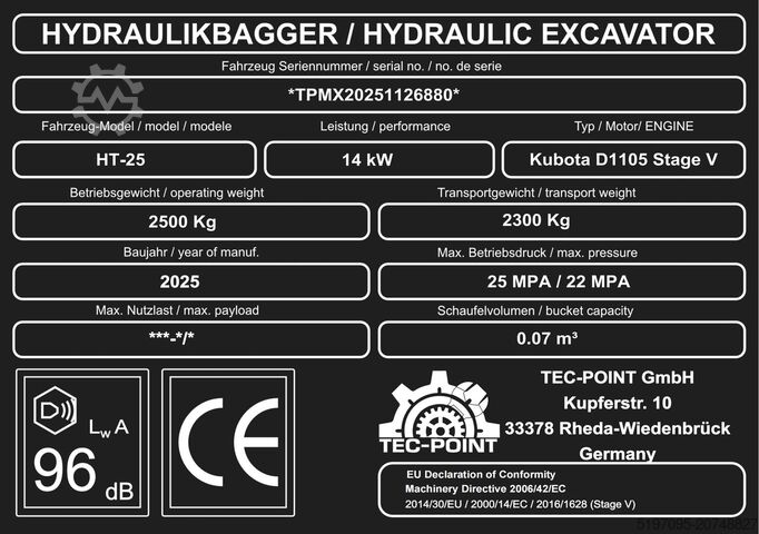 Professional mini excavator, 2.5 t class Tec-Point GmbH - Motor Kubota D1105 HT25P mit Stahlketten - Heizung + Klima