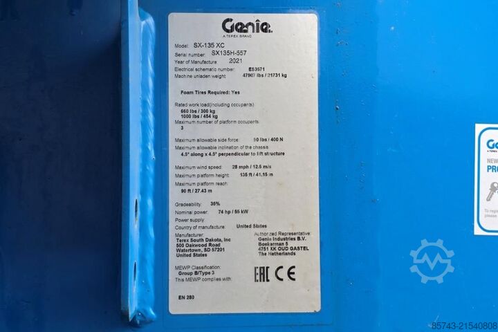 Telescopic boom lift Genie SX135XC Diesel, 43m Working Height, 27.5m Reach, B