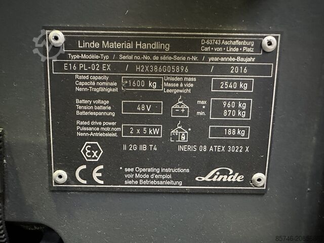E 16 PL - 386 / 02 Evo - Atex EX Proplan 2G / Zone 1 !! NEW battery !! LINDE E 16 PL - 386 / 02 Evo - Atex EX Proplan 2G / Zone 1 !! NEW battery !!
