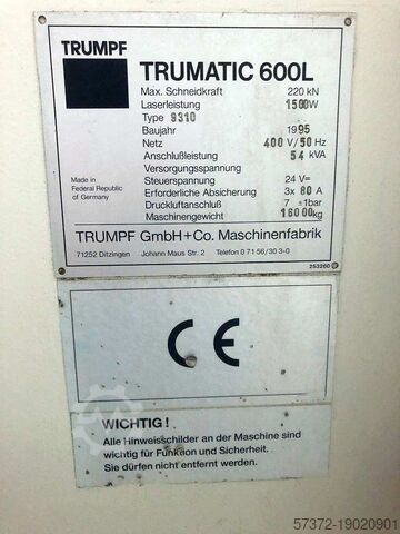 Máquina de punzonado láser CNC Trumpf Trumatic 600L