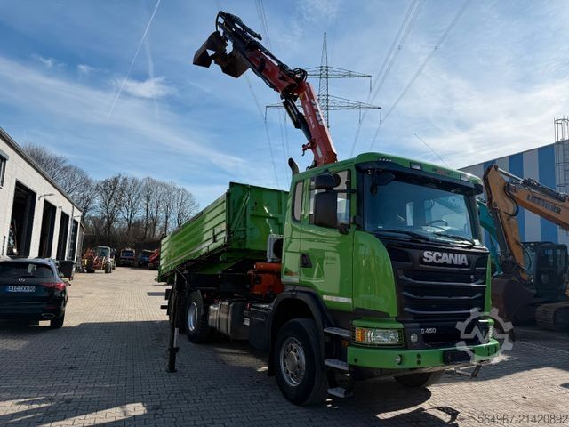 Třístranný sklápěč SCANIA G450 Kipper Kran Atlas 206.3E AHK Bordmatic FUNK