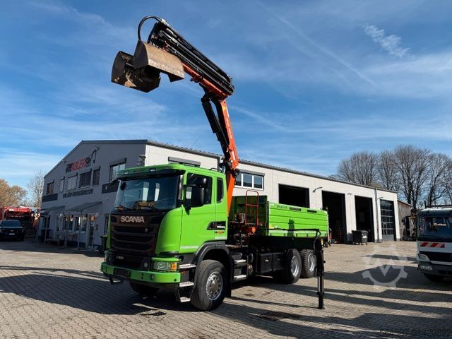 Třístranný sklápěč SCANIA G450 Kipper Kran Atlas 206.3E AHK Bordmatic FUNK