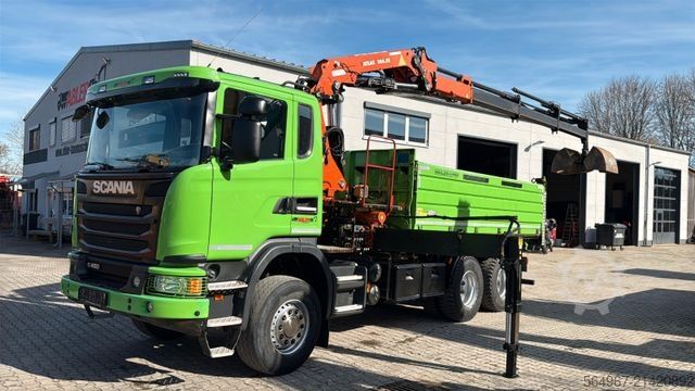 Třístranný sklápěč SCANIA G450 Kipper Kran Atlas 206.3E AHK Bordmatic FUNK