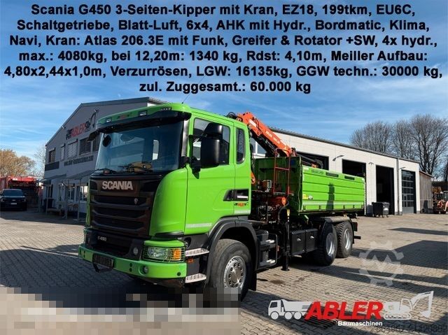 Třístranný sklápěč SCANIA G450 Kipper Kran Atlas 206.3E AHK Bordmatic FUNK