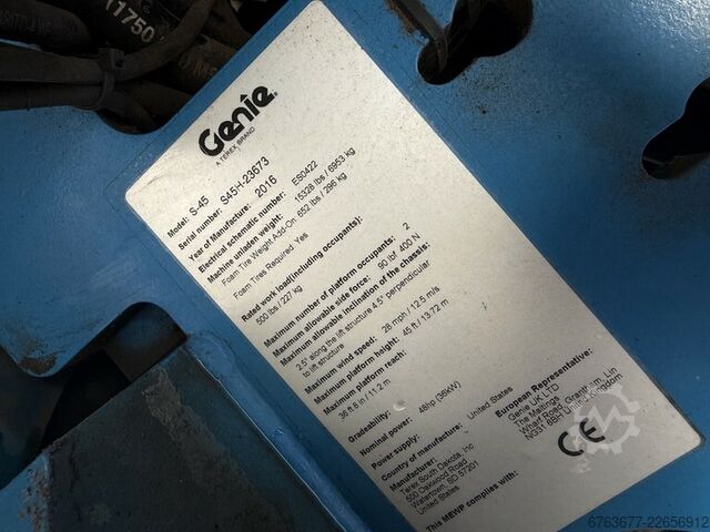 GENIE S-45 teleskopbomlift / bomlift 4x4 DEUTZ DIESEL 4545 timer 15,7 m arbejdshøjde 2016 GENIE S-45 Telescoop hoogwerker / boomlift  4x4 DEUTZ DIESEL 4545uur 15,7M Werkhoogte 2016