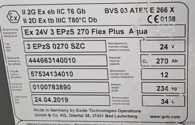 EX-beveiligde heftruckaccu 24V GNB Industrial Power EX 24V 3 EPzS 270 Flex Plus Aqua