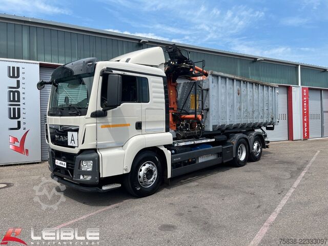 Camión portacontenedores de gancho MAN TGS 26.460 6x2*Meiller RS21.65 ++ Kran Mulde