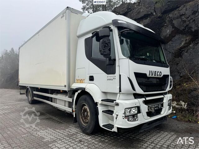 Box body Iveco Stralis 360 4x2 box truck with full side opening.