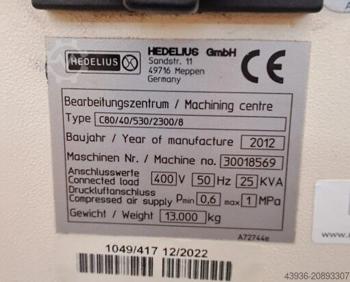 3 Achse Bearbeitungszentrum Hedelius C80 Hedelius C80/2300/8