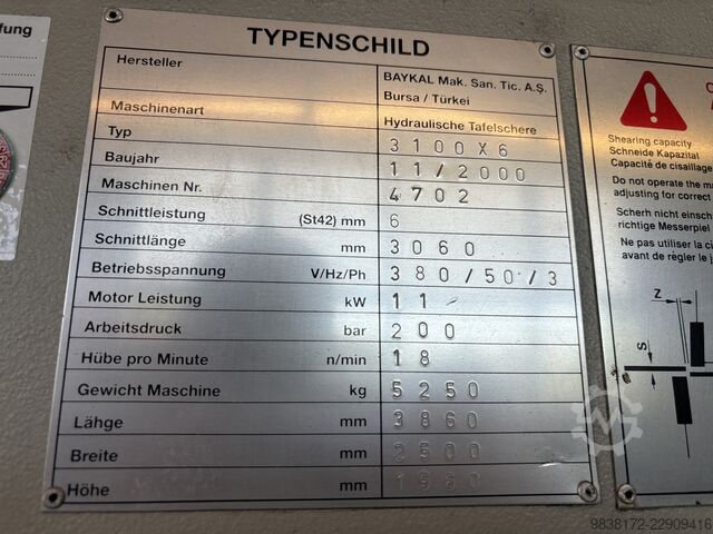 Hydraulische guillotineschaar BAYKAL 3100 X 6