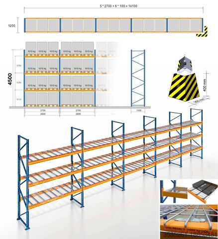 Zware plank TOTAL-REGAL - 4,5 m hoch, 14,1 m lang McPalettenregal - 6 Rahmen, 30 Traversen