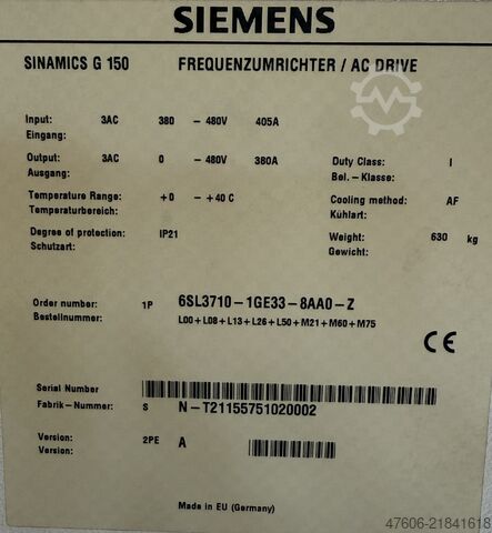 Μετατροπέας συχνότητας 200kW Siemens Sinamics G150