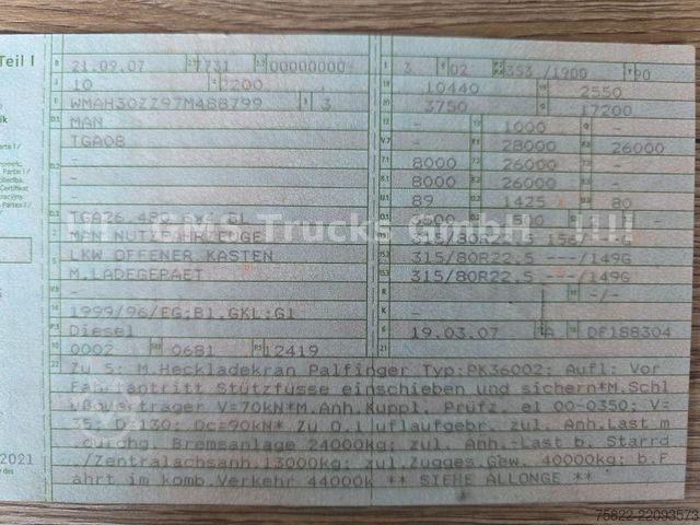Lastbilmonteret kran MAN TGA 26.480 / 6X4 / Palfinger Kran PK 36002