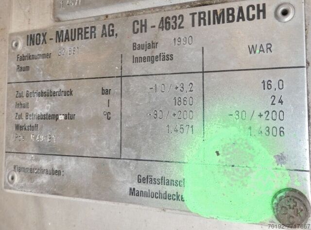 1860 liter verwarmbare/koelbare reactorvat van V4A met 1,1 kW explosieveilige roerder  