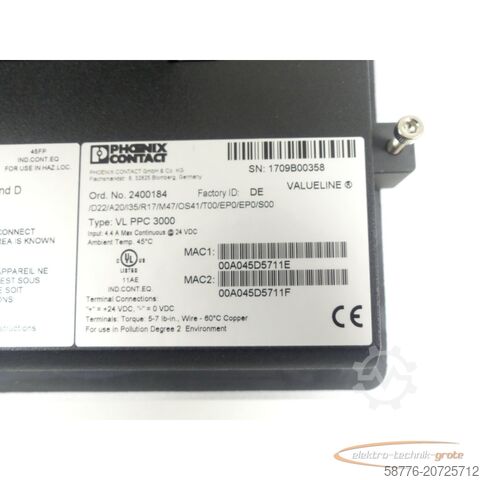 Component Phoenix Contact VL PPC 3000 Industrie-Panel-PC 2400184 SN:1709B00358