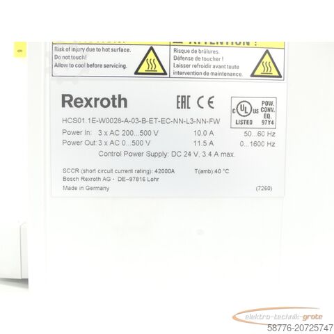 Rexroth component Rexroth HCS01.1E-W0028-A-03-B-ET-EC-NN-L3-NN-FW MNR: R911335595 SN:7260409116208