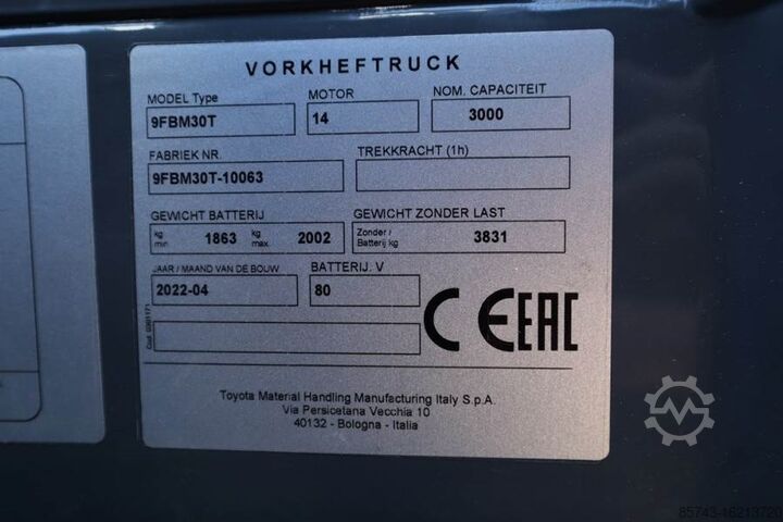Chariot élévateur à fourche Toyota 9FBM30T Valid inspection, *Guarantee! Electric, 47