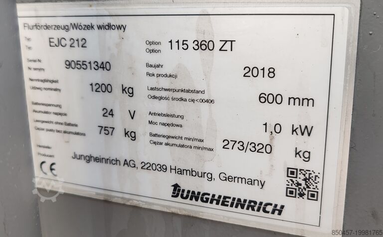 Sztaplarki paletowe Jungheinrich EJC212 3.6m/ 2018yy/ 1574mh