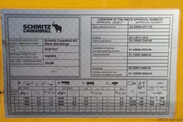 Lonas correderas Schmitz Cargobull SCB3ST CoC Documents, TuV Loading Certif