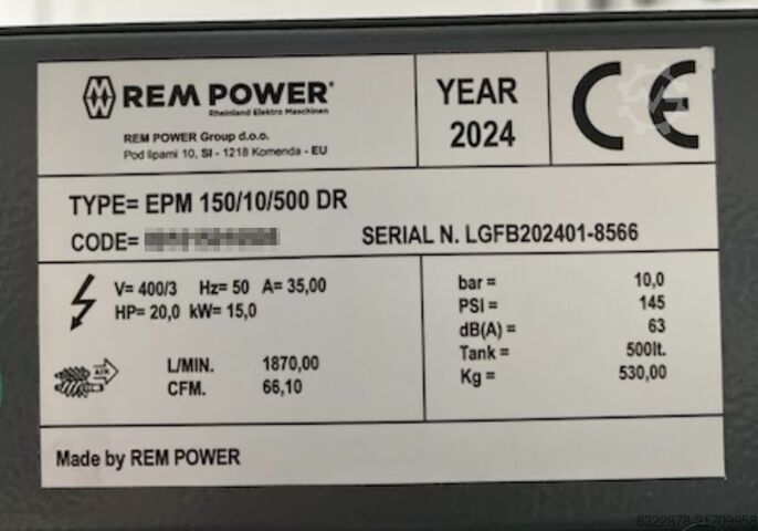 Skruekompressor REM Power EPM 150/10/500 DR