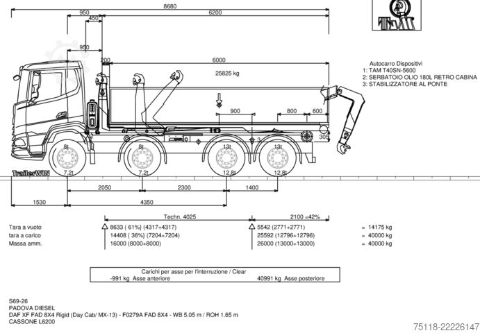 Camião porta-contentores de gancho DAF XF 530 8x4 - SCARRABILE TAM T40
