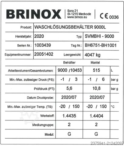 Silo BRINOX 9.000 L Waschlösungsbehälter BH6751-BH1001