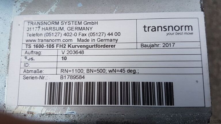 Curved belt conveyor 45° left bend Transnorm 670-500 IR1100