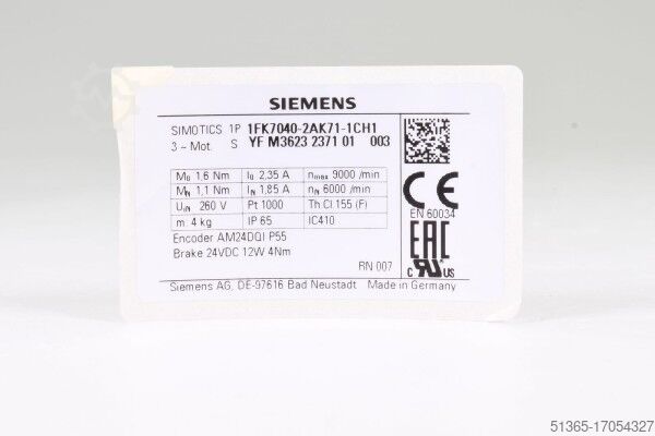 Synchronous servo motor Siemens 1FK7040-2AK71-1CH1