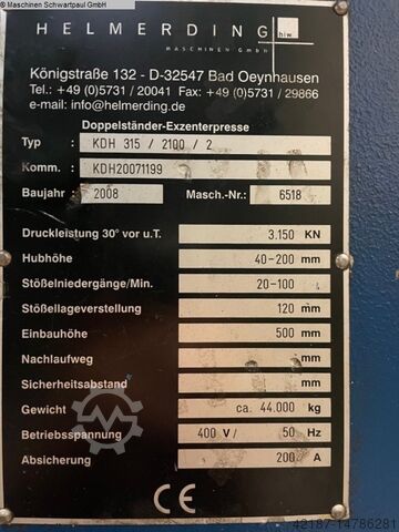Double-sided high speed press HELMERDING KDH315/2100/2